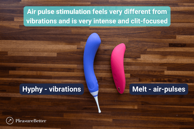 Lovense Hyphy which stimulates with vibrations next to We-Vibe Melt which stimulates through air pulses