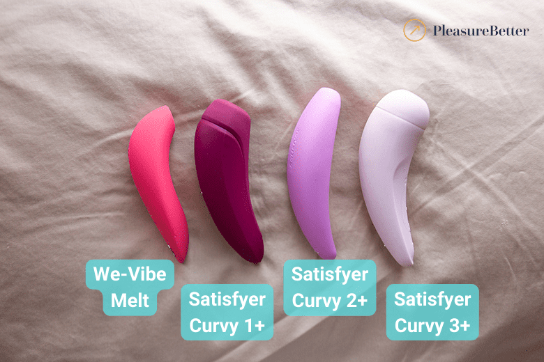 App controlled clit suction toys. Left to right: We-Vibe Melt, Satisfyer Curvy 1+, 2+, and 3+