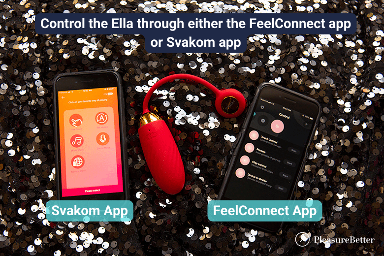 Svakom Ella vibrator with both apps that can control it next to it