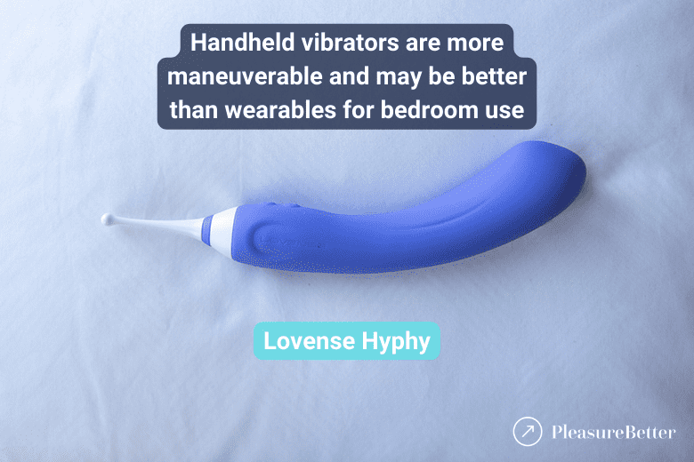 Lovense Hyphy with text indicating that handheld vibrators are more maneuverable than wearables, so they're often better in the bedroom