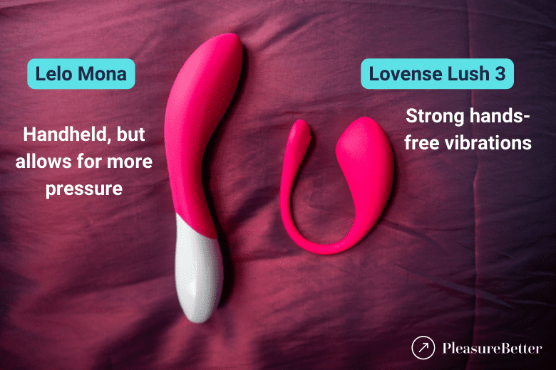 Lelo Mona 2 next to Lovense Lush 3 highlighting benefits of handheld vs hands-free vibrators