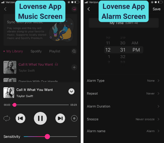 Lovense App Music and Alarm Screens