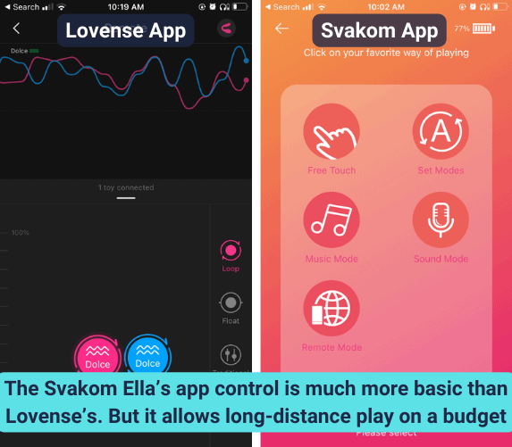 Lovense app and Svakom app open side by side showing difference in depth of control