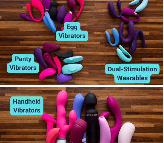 My remote control vibrators grouped by kind - handheld, egg vibrators, panty vibrators, and dual-stimulation vibrators