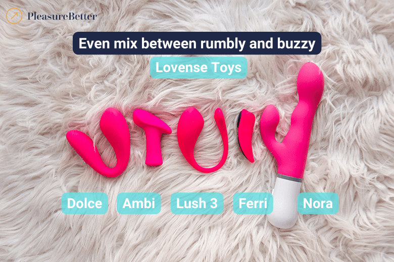 Remote control vibrators with a mix of rumbly and buzzy vibrations. Left to right - Lovense Dolce, Ambi, Lush 3, Ferri, Nora