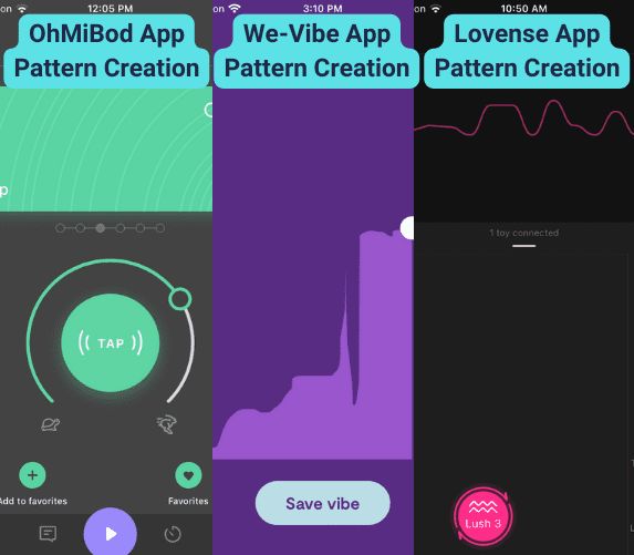 Screenshots comparing pattern creation in OhMiBod, We-Vibe, and Lovense apps