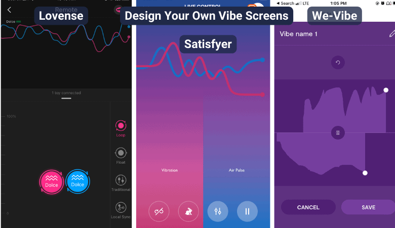 Screenshots comparing the design your own vibrations feature in Lovense, Satisfyer, and We-Vibe apps