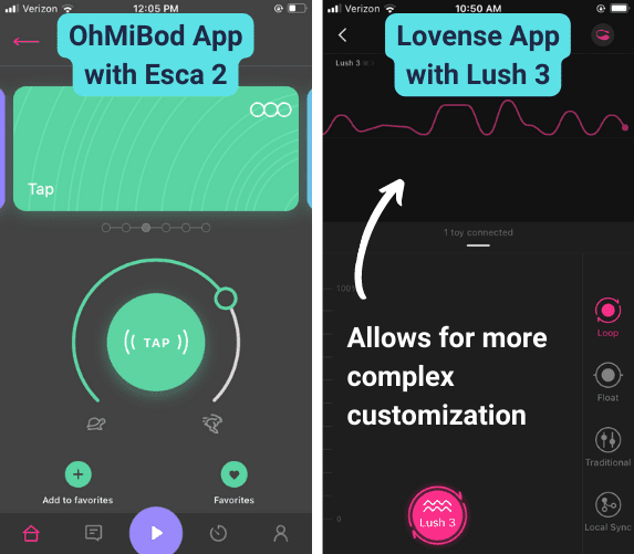 Screenshots of OhMiBod app and Lovense app showing greater control capabilities in Lovense app