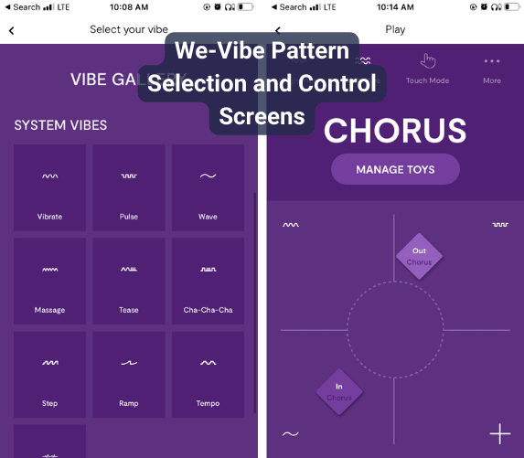 Screenshots of We-Vibe app preset pattern library and Multi-Vibe Screen