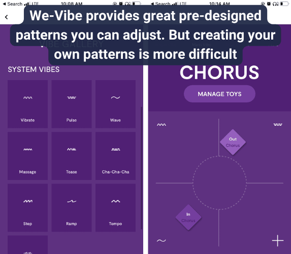 Screenshots of We-Vibe pattern selection and general control
