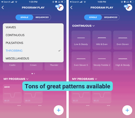 Screenshots of pattern selection screen in the Satisfyer app