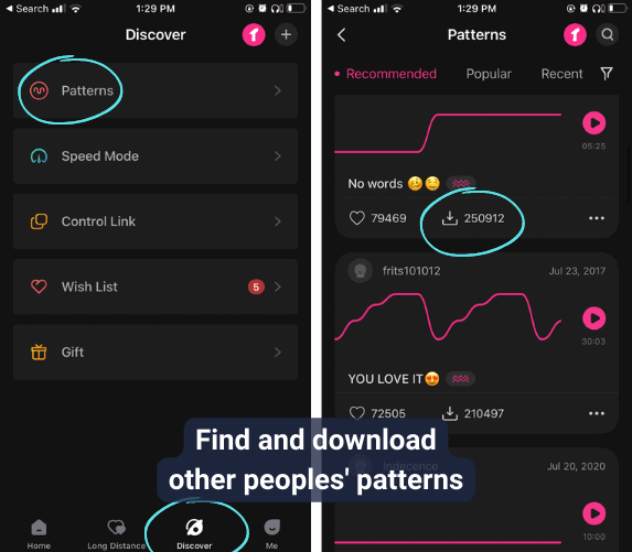 Screenshots showing how to find and download user-shared patterns in the Lovense app