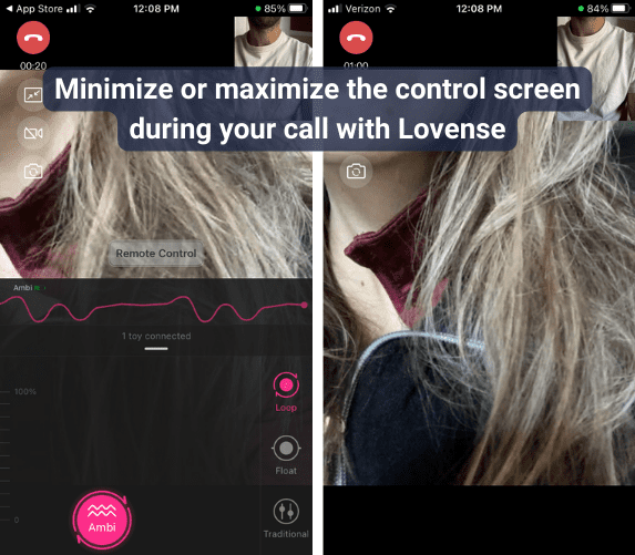 Screenshots showing how you can maximize or minimize the control panel during a Lovense Video Chat