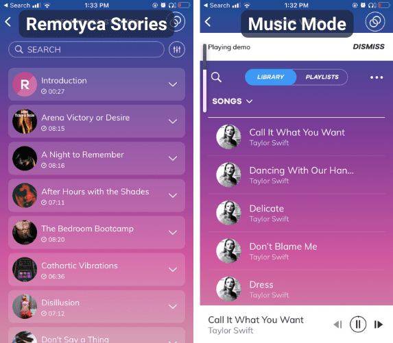 Screenshots showing the Music and Erotica features in the Satisfyer app