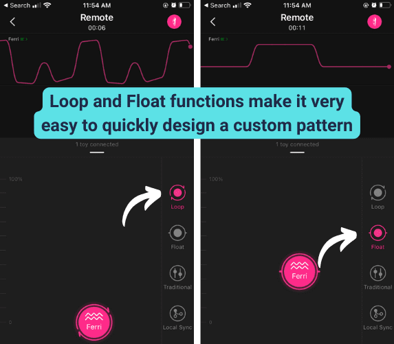 Screenshots using the Loop and Float functions in the Lovense app to control the Ferri