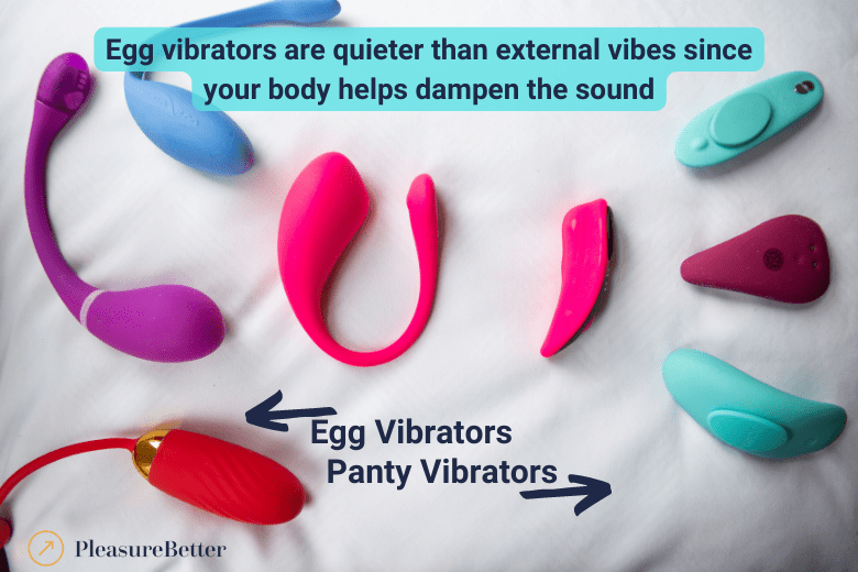 Several egg vibrators next to several panty vibrators highlighting that egg vibrators are quieter