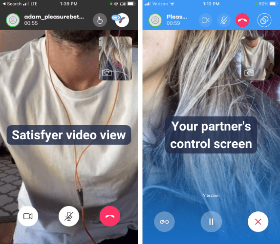 Side by side screenshot of both long-distance partners' view during Satisfyer video chat