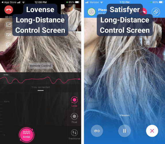 Side by side screenshots comparing a Lovense video chat to a Satisfyer video chat
