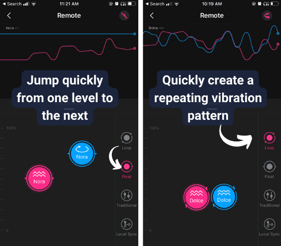 Side by side screenshots illustrating the Float and Loop functions in the Lovense app