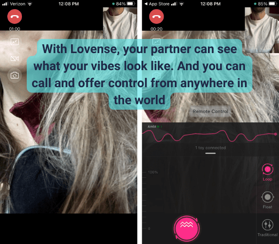 Side by side screenshots of both partners' view while video chatting in the Lovense remote app