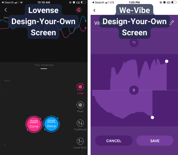 Side by side screenshots of the pattern creation feature in the Lovense and We-Vibe apps