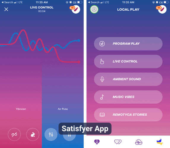Side by side screenshots showing available Satisfyer control options and the live control screen