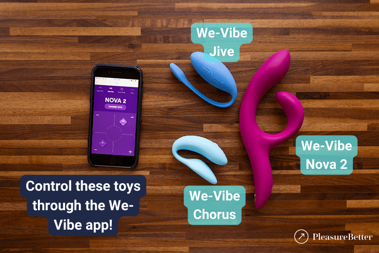 The We-Vibe app next to the remote control vibrators I recommend from We-Vibe: Chorus, Jive, and Nova 2