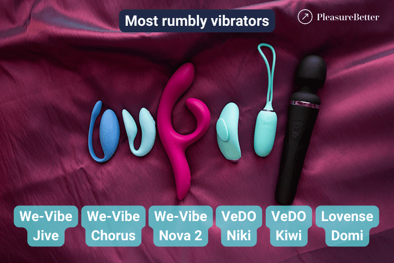 The most rumbly remote control vibrators. Left to right - We-Vibe Jive, Chorus, Nova 2, VeDO Niki, Kiwi, Lovense Domi