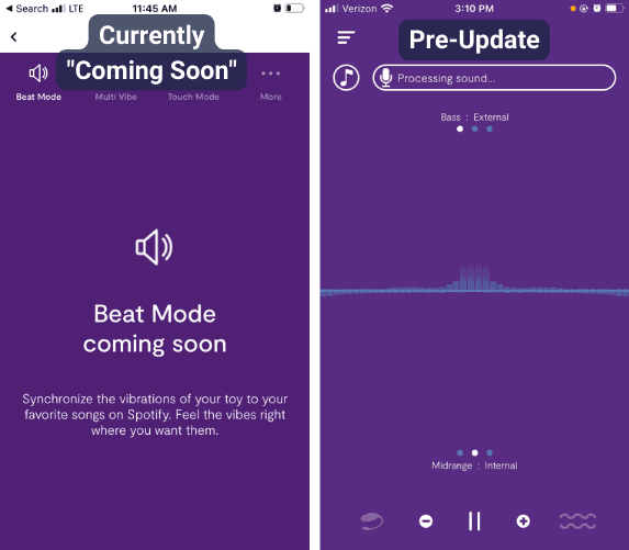 We-Vibe Beat Mode Now and Older We-Vibe Beat View Before App Update