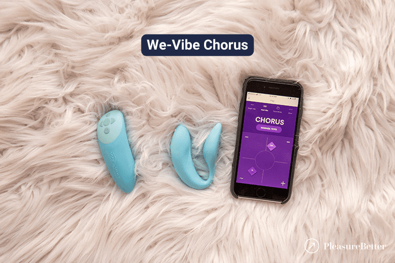 We-Vibe Chorus, squeeze remote control, and We-Vibe app open to Multi-Vibe screen