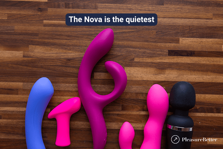 We-Vibe Nova 2 next to several other handheld vibrators highlighting it as the quietest